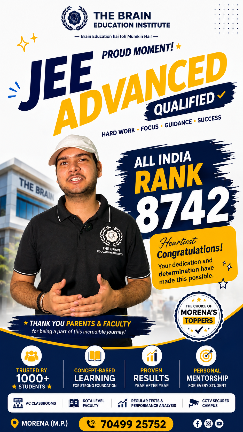 Karan Gurjar, JEE Advanced 2026 qualifier, All India Rank 8742, The Brain Education Institute Morena